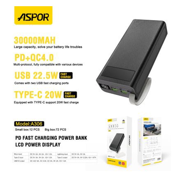 Aspor 30000mAh Power Bank LCD Display 22.5W and 20W PD - A306